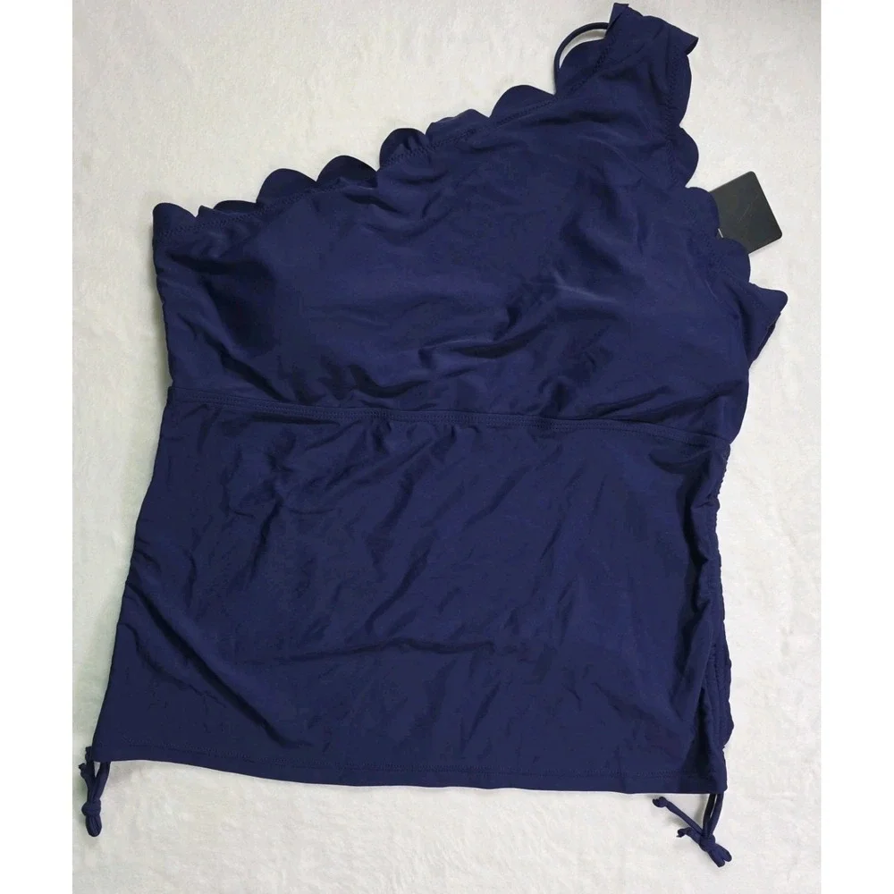 NWT Women's 2XL Navy One Shoulder Tankini Set Scallop Trim Swimwear
